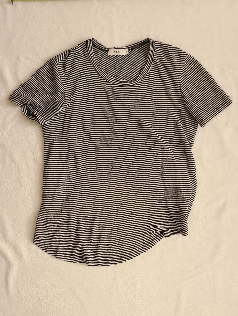 A.L.C. Slim Black White Stripe Asymmetrical Short Sleeve Tee Linen XS Summer